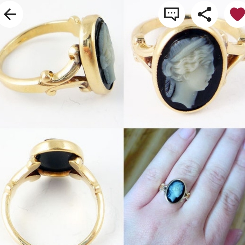 14K Antique Victorian 1880s Hand Carved Onyx Cameo Ring - Picture 2 of 3